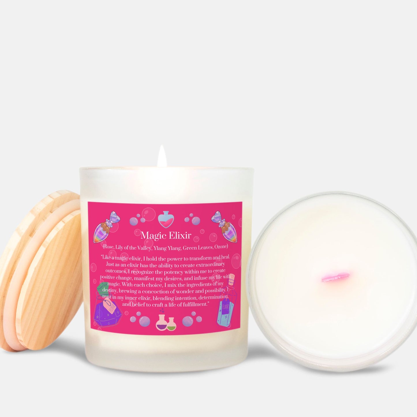 Magic Elixir 11 oz. Frosted Glass Pink Wick Candle with Eco-Friendly Wood Wick