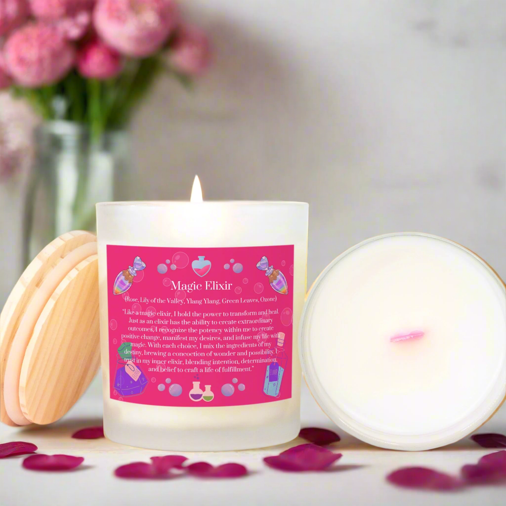 Magic Elixir 11 oz. Frosted Glass Pink Wick Candle with Eco-Friendly Wood Wick