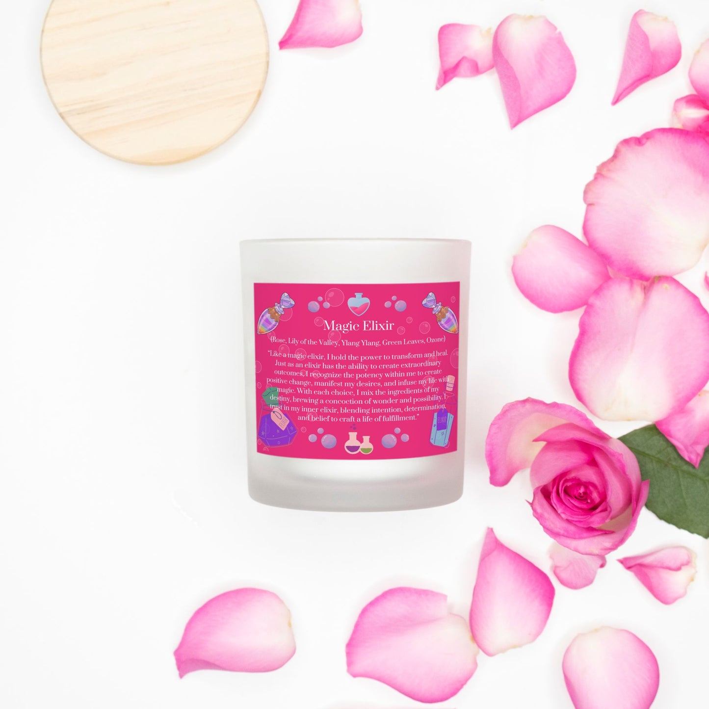 Magic Elixir 11 oz. Frosted Glass Pink Wick Candle with Eco-Friendly Wood Wick