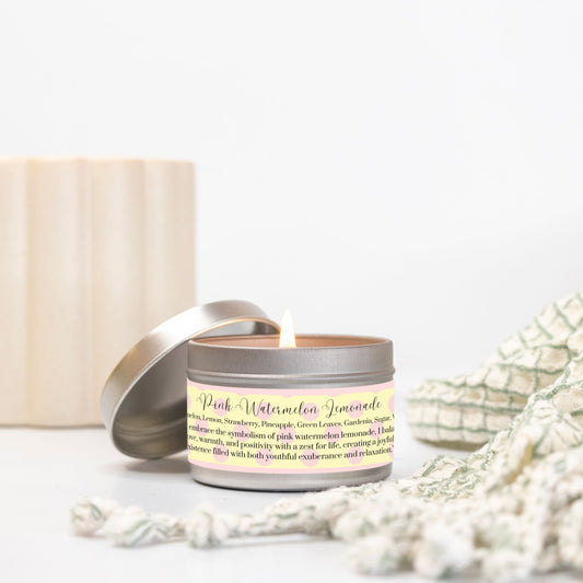 Pink Watermelon 4 oz. Lemonade Vegan Coconut Soy Wax Silver Candle Tin