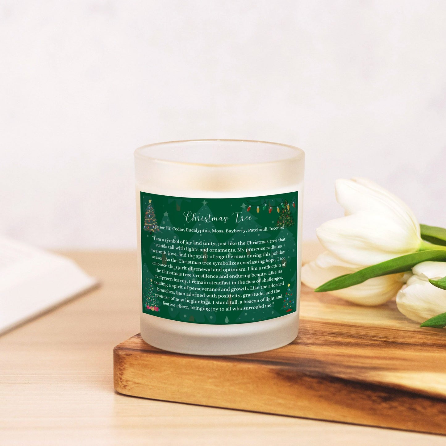 Christmas Tree 11 oz. Frosted Glass Vegan Coconut Soy Wax Candle with Eco-Friendly Wood Wick