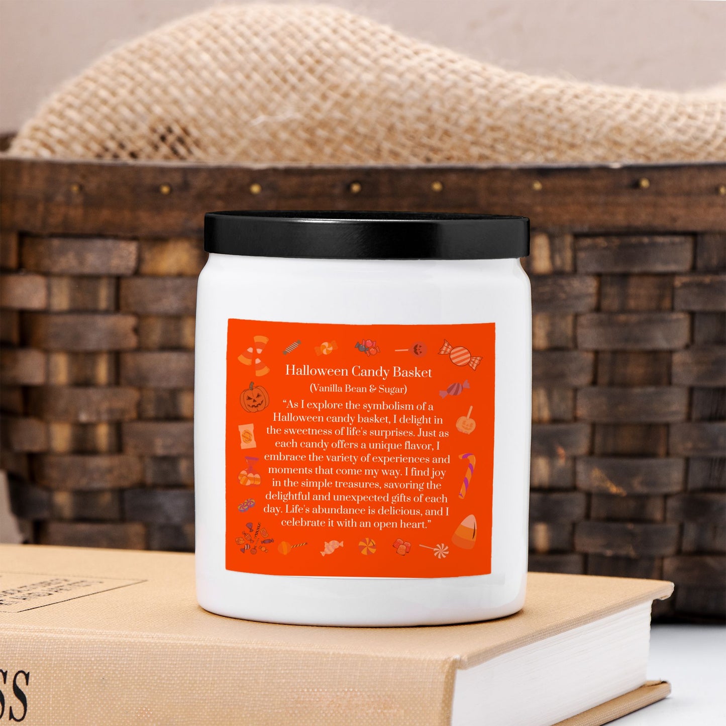 Halloween Candy Basket 8 oz. White Ceramic Vegan Coconut Soy Wax Candle with Black or Gold Lid