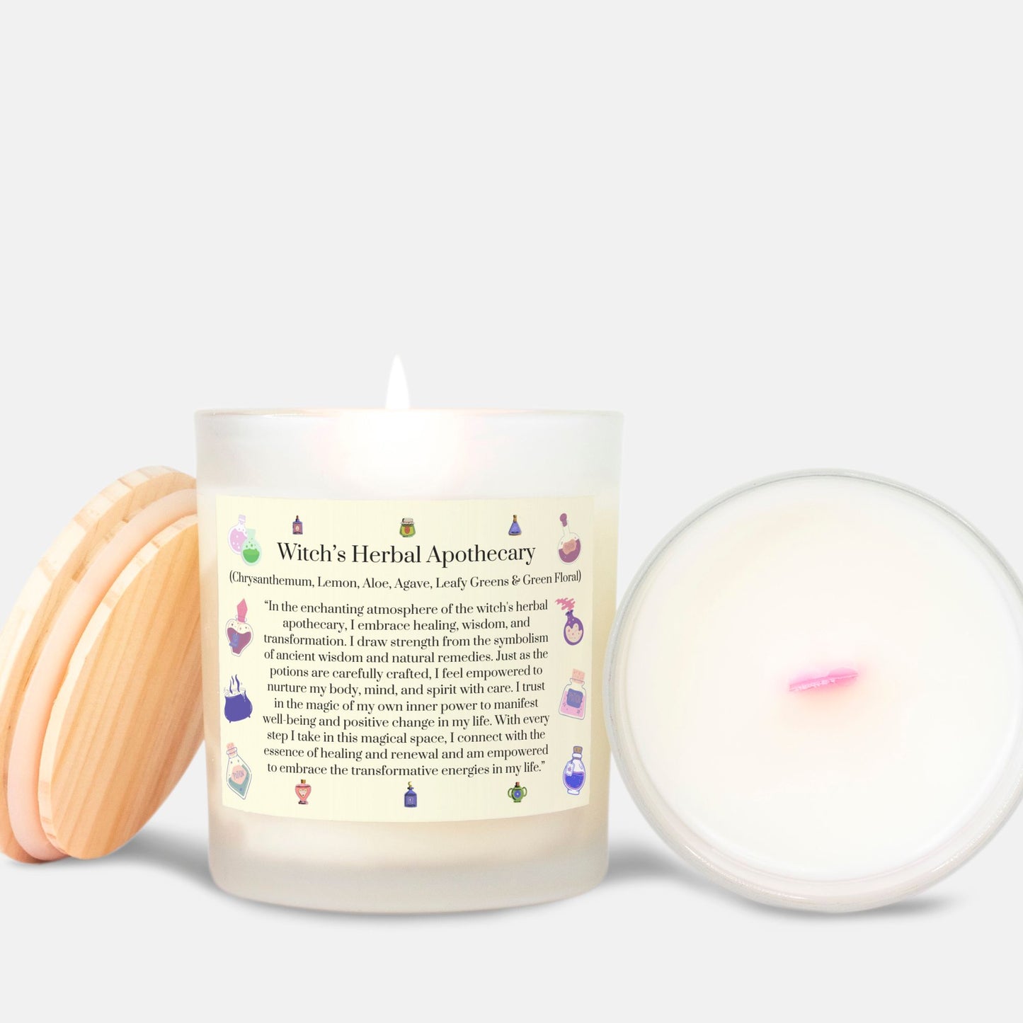 Witch's Herbal Apothecary 11 oz. Pink Wick Frosted Glass Vegan Coconut Soy Wax Candle with Eco-Friendly Wood Wick