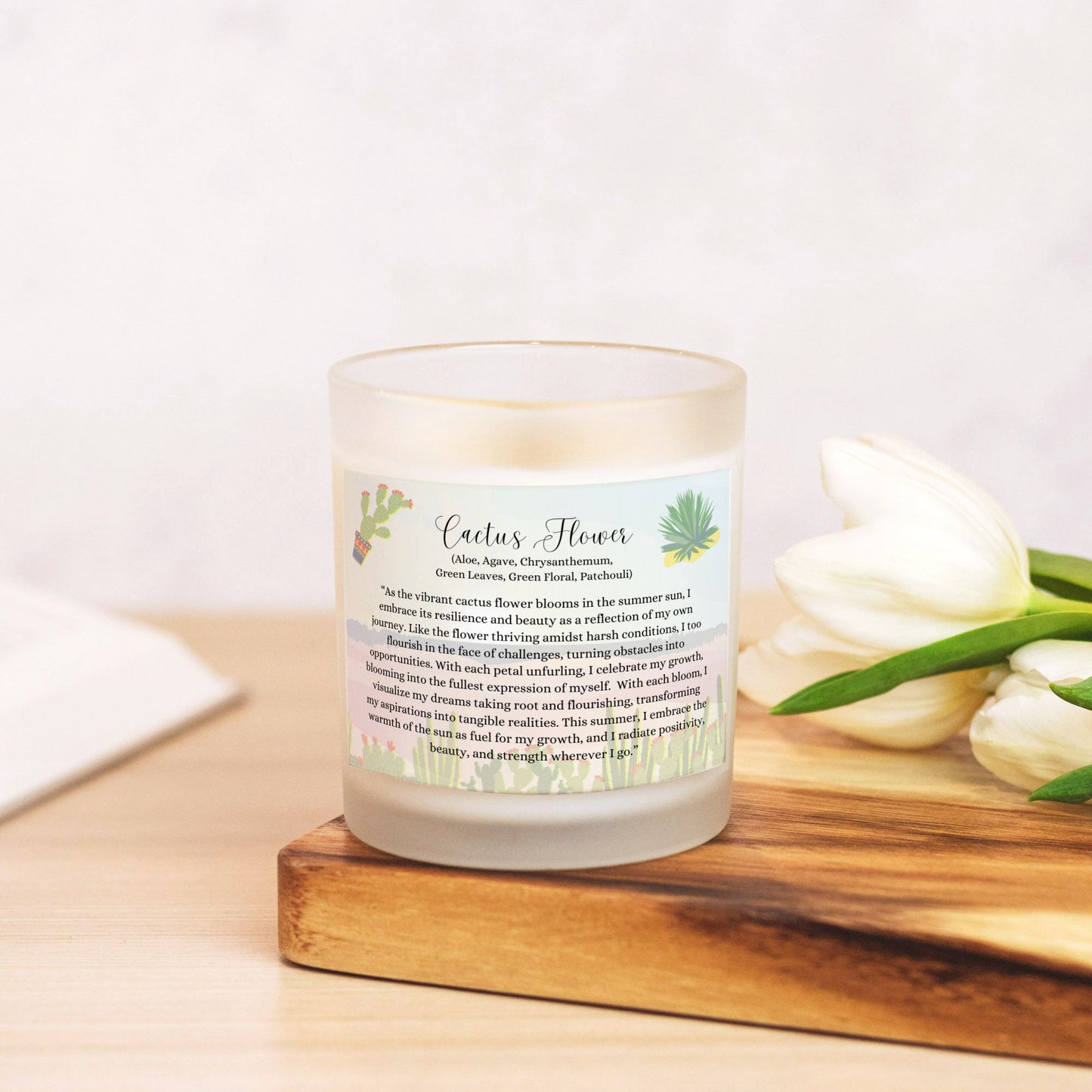 Cactus Flower 11 oz. Vegan Coconut Soy Wax Frosted Glass Candle with Eco-Friendly Wood Wick