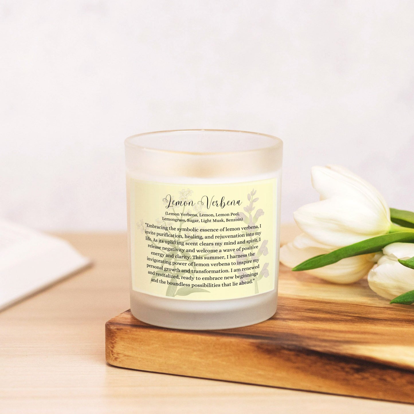 Lemon Verbena 9 oz. Vegan Coconut Soy Wax Frosted Glass Candle with Eco-Friendly Wood Wick