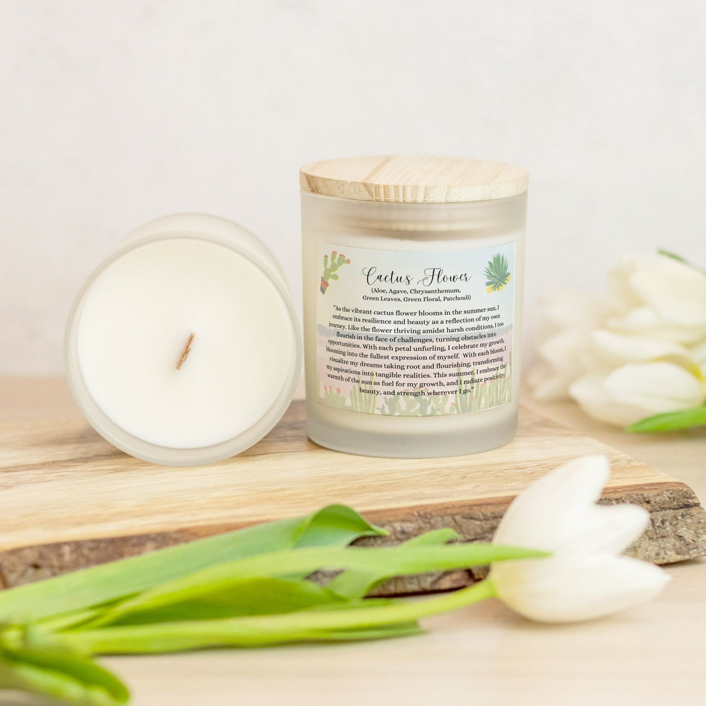 Cactus Flower 11 oz. Vegan Coconut Soy Wax Frosted Glass Candle with Eco-Friendly Wood Wick