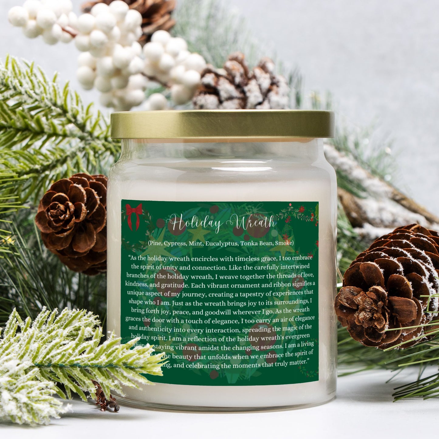 Holiday Wreath 9 oz. Vegan Coconut Soy Wax Apothecary Jar Candle