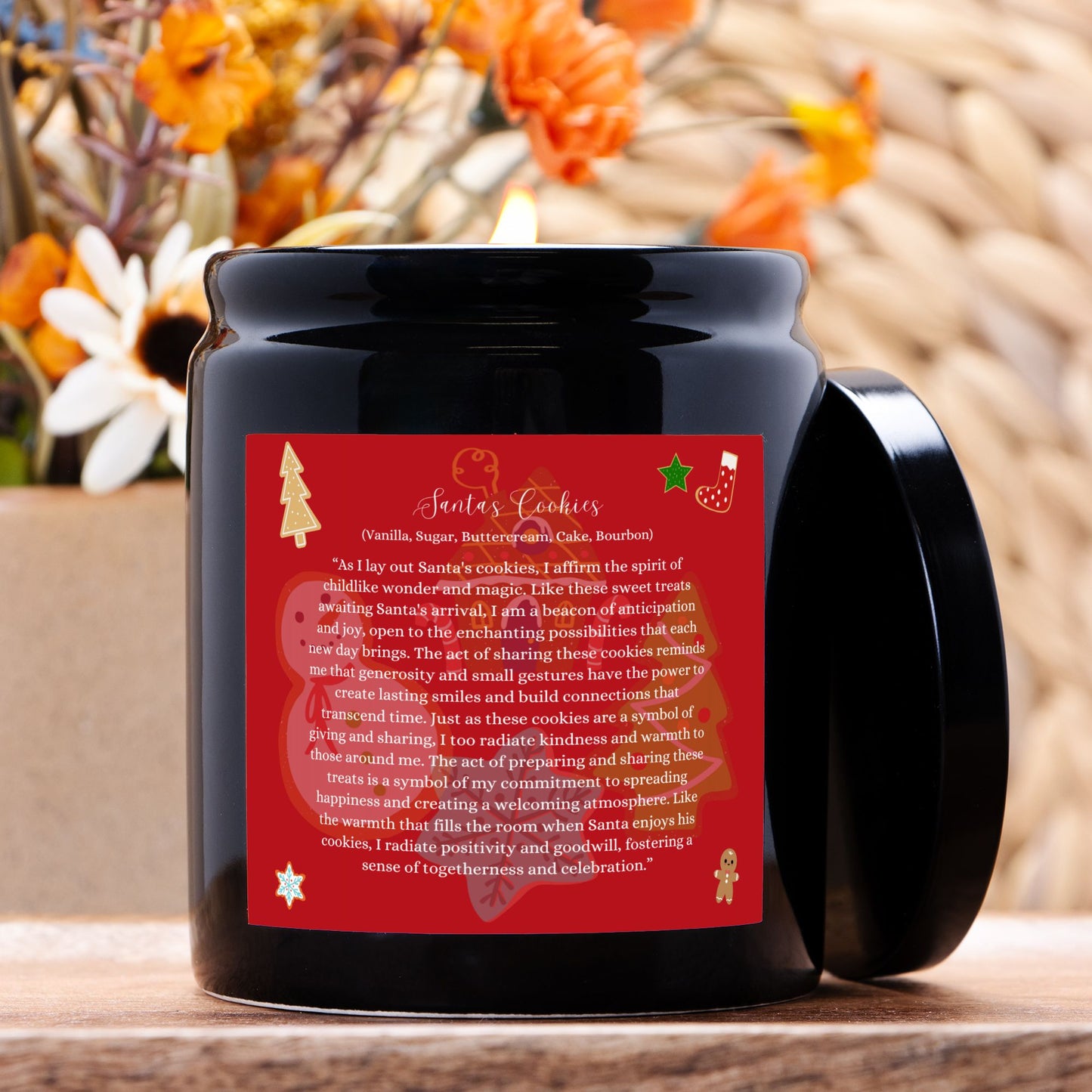 Santa's Cookies 8 oz. Vegan Coconut Soy Wax Ceramic Candle with Black or Gold Lid