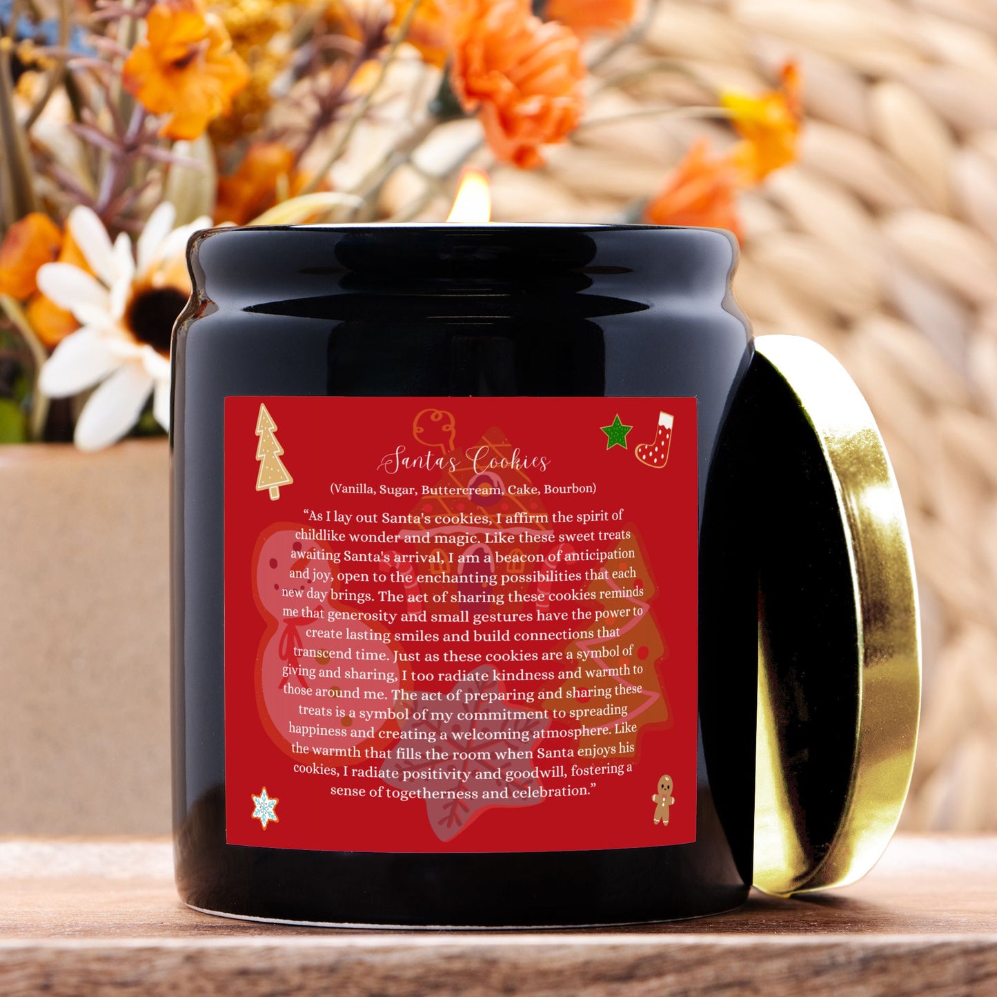 Santa's Cookies 8 oz. Vegan Coconut Soy Wax Ceramic Candle with Black or Gold Lid