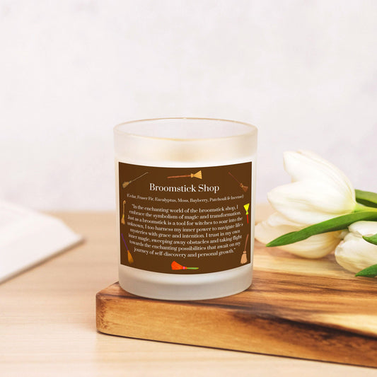 Broomstick Shop 11 oz. Frosted Glass Vegan Coconut Soy Wax Candle with Eco-Friendly Wood Wick