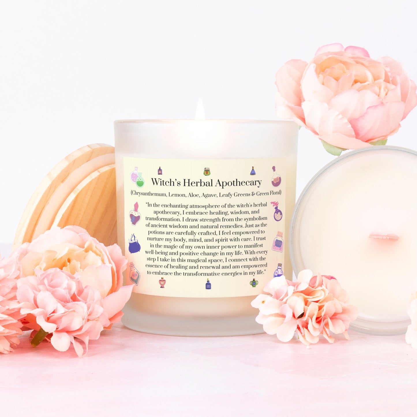 Witch's Herbal Apothecary 11 oz. Pink Wick Frosted Glass Vegan Coconut Soy Wax Candle with Eco-Friendly Wood Wick