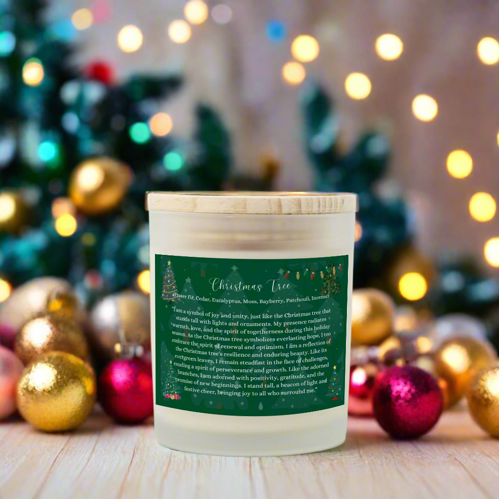 Christmas Tree 11 oz. Frosted Glass Vegan Coconut Soy Wax Candle with Eco-Friendly Wood Wick